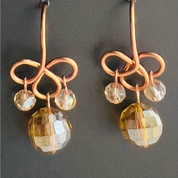 Hand Crafted Jewelry - Copper and Amber Beaded Hand-Twisted Drop Earrings